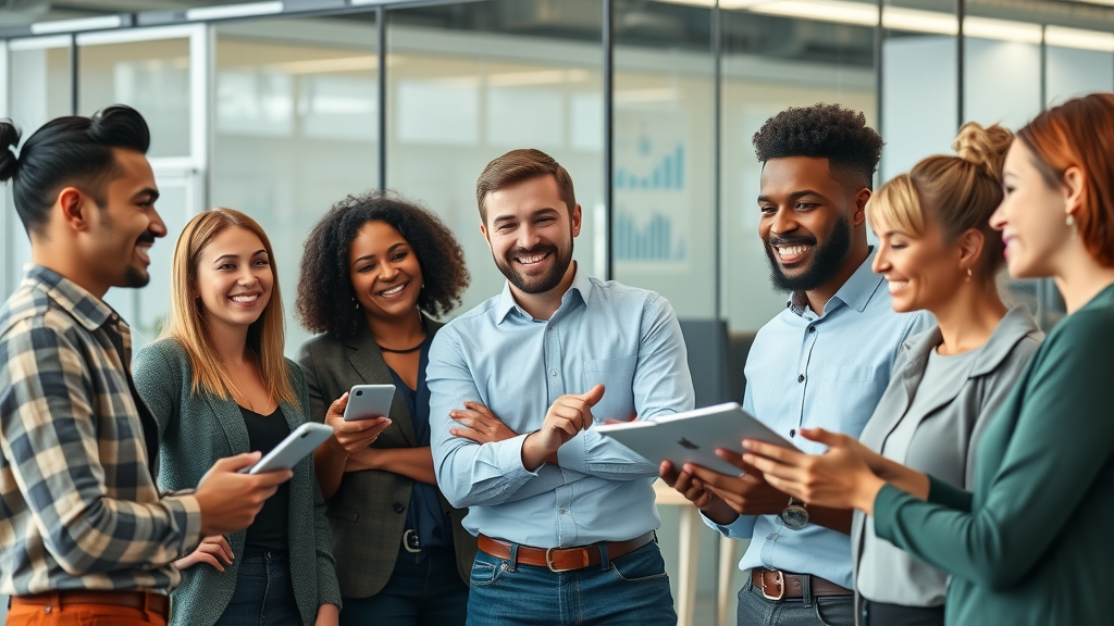 Scaling small business: diverse business owners collaborating on growth strategies in a modern office, business charts in background