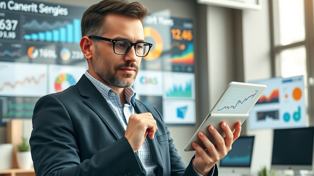 Inspired business owner reviewing growth statistics on a digital tablet with business growth tips in a modern office setting