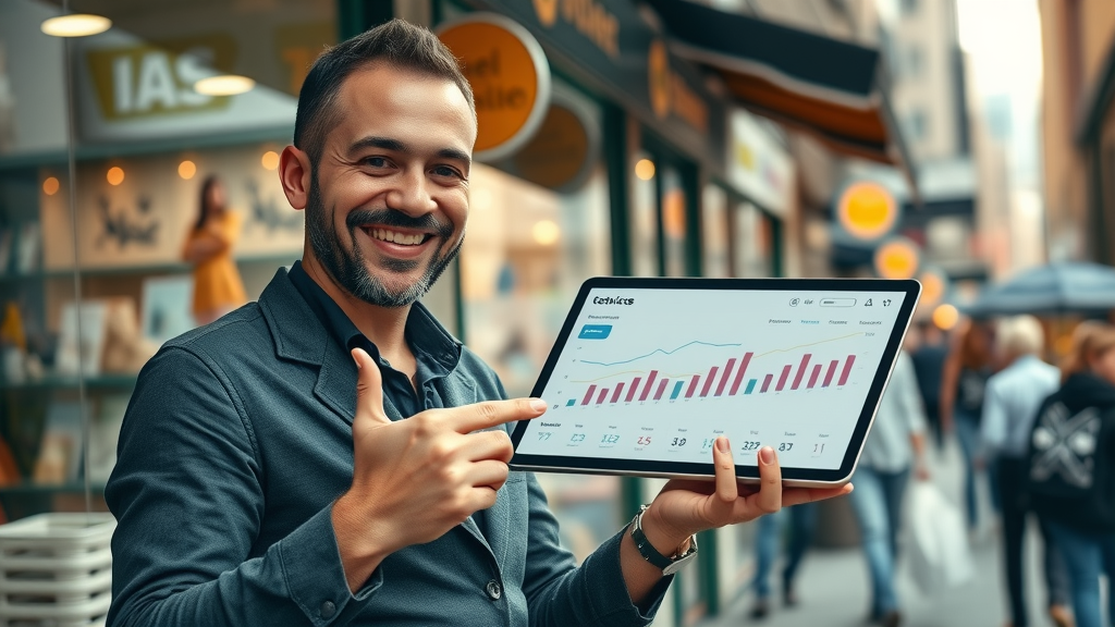 Vivid small business storefront, proud owner smiling, gesturing toward a bustling online sales dashboard on a digital tablet - online marketing benefits
