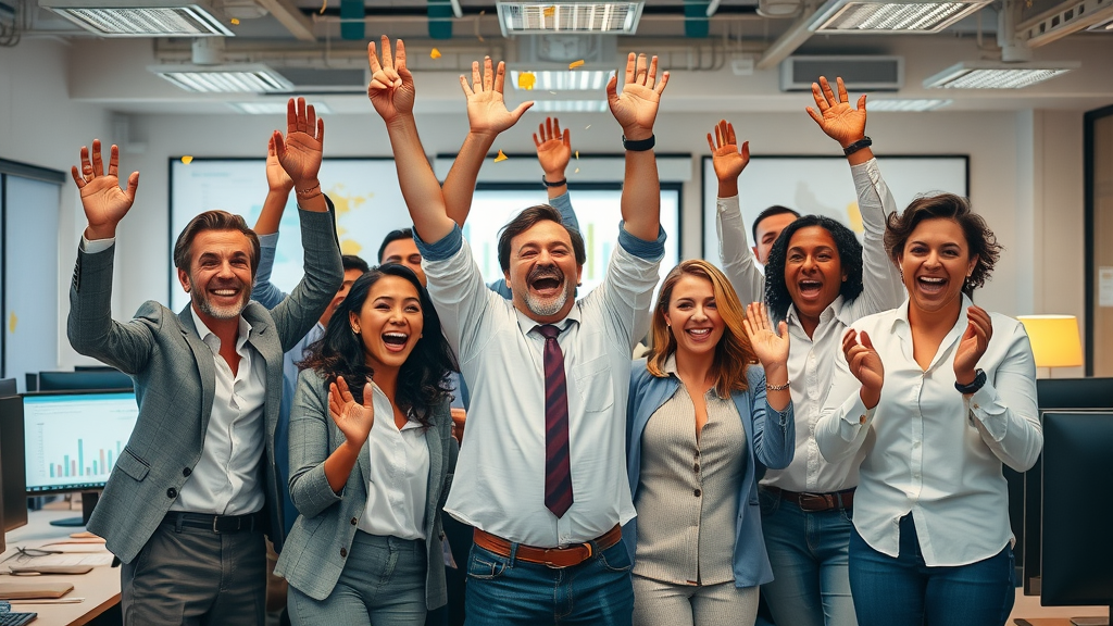 Small business team celebrating campaign results, office with charts and screens - successful online marketing benefits