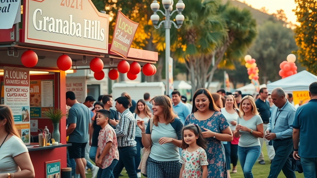 granada hills neighborhood organization joyful community festival, local business booth, Granada Hills festival, smiling vendors, families celebrating, festive park background