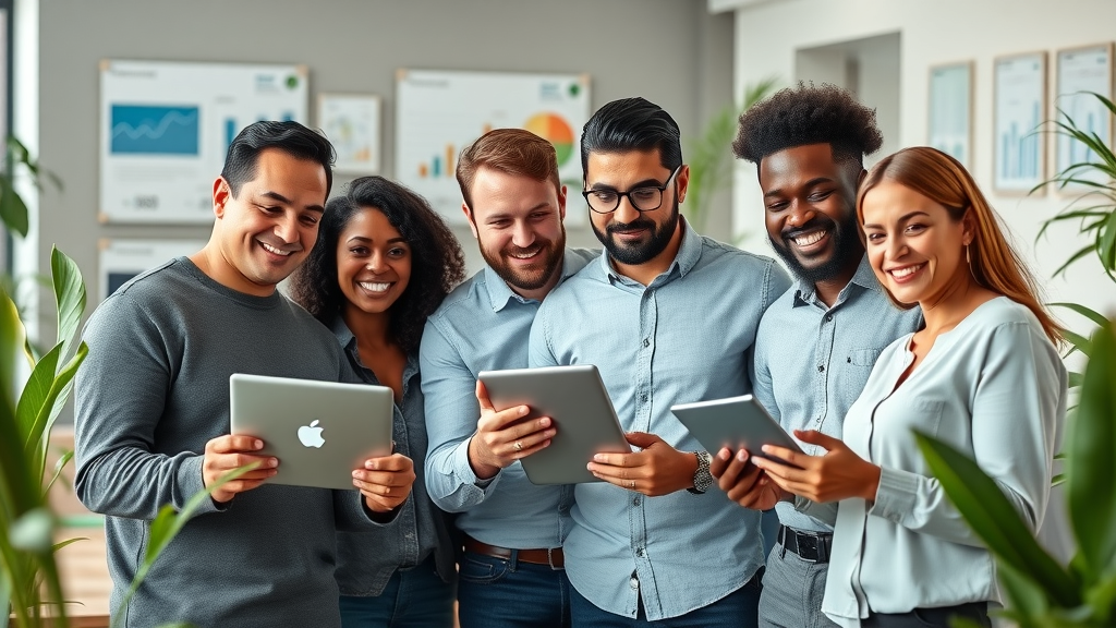 digital marketing for small businesses - diverse small business owners collaborating on marketing strategies in a modern office, digital dashboards in the background