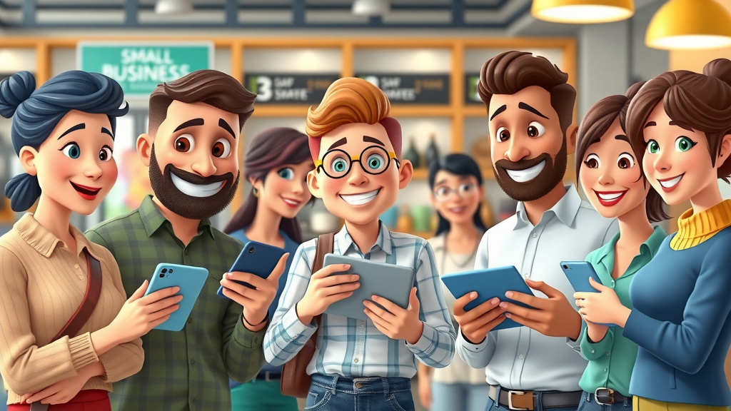business profile and target audience for small business - diverse customers exploring an online business profile and digital persona charts