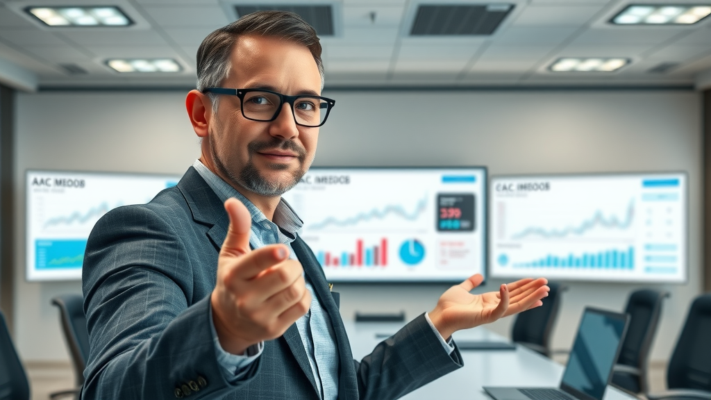 Analytics expert presenting CAC metrics on a financial dashboard
