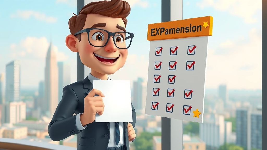 motivated businessperson checking off expansion strategy checklist in office, representing successful business growth