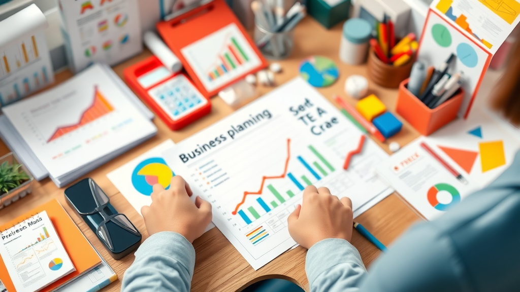 Organized desk with scaling-focused business plan documents, growth charts for scaling small business