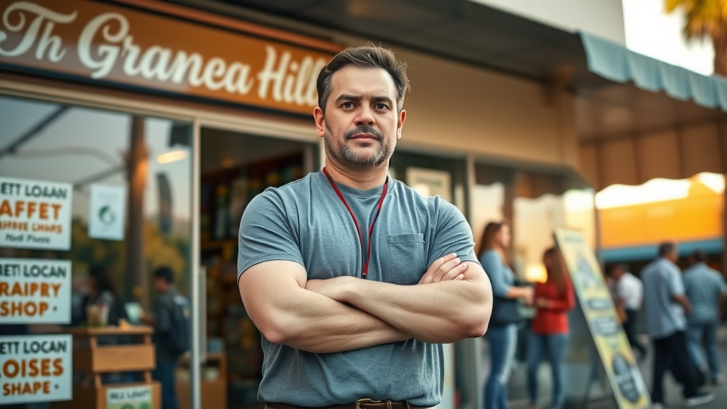 Empowered Granada Hills small business owner standing confidently in front of a thriving shop with local banners and customers, successful growth