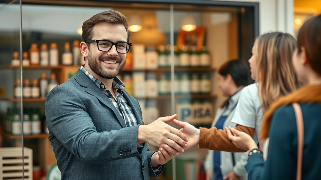 Confident business owner greeting new customers - business marketing success