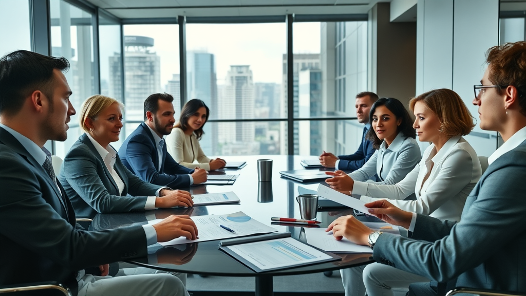 board of directors and stakeholders in granada hills business development collaborating in a sleek conference room with city views. Diverse team discussing community benefit trust initiatives and Patriot Oil projects.