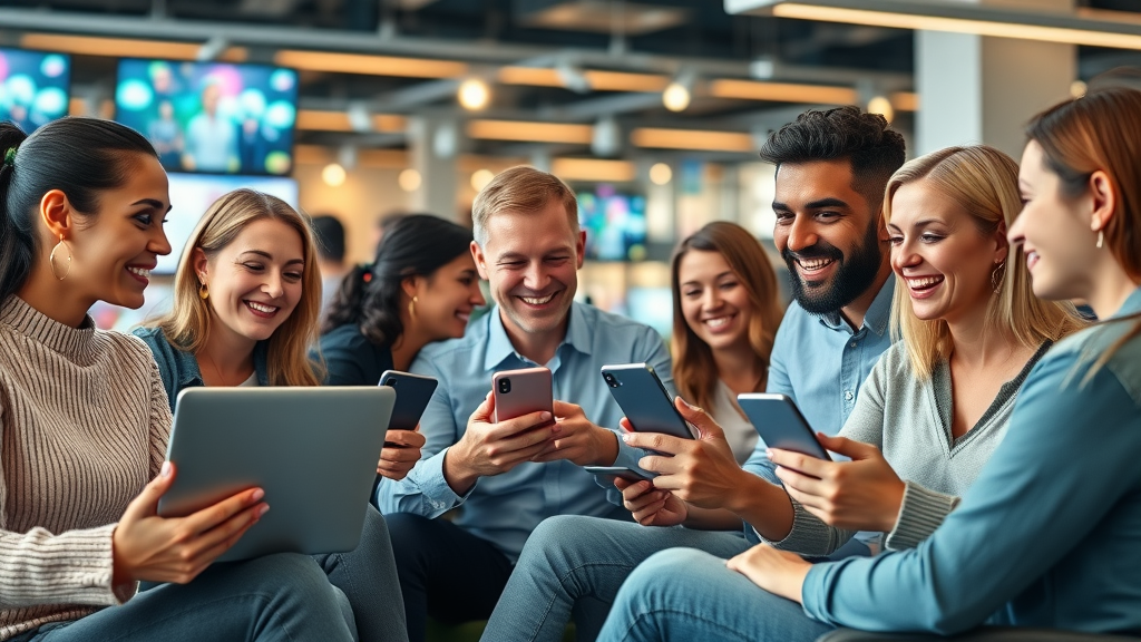 Vibrant digital marketplace with customers engaging online with a brand, laptops, smartphones, smiling faces - customer engagement online