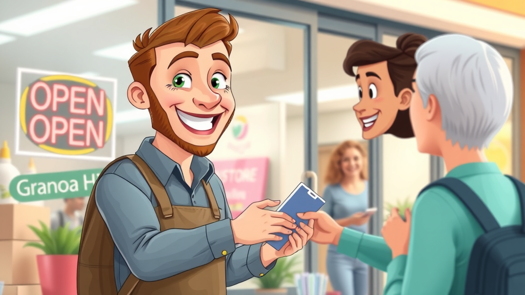 Enthusiastic small business owner helping a customer at a charming Granada Hills storefront, effective customer attraction in action