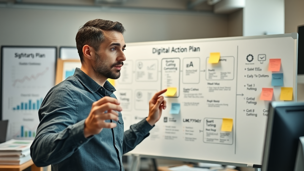 digital marketing for small businesses - entrepreneur planning step-by-step digital marketing strategy on a whiteboard