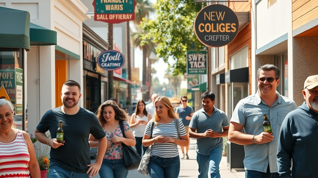 local marketing tactics granada hills vibrant downtown Granada Hills street, bustling with friendly small business owners, diverse customers, Granada Hills landmarks, sunny neighborhood, family-friendly atmosphere