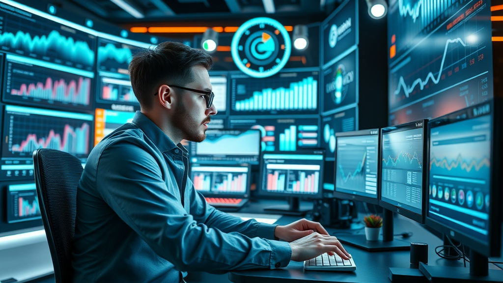 modern entrepreneur utilizing digital tools and business expansion techniques for growth, analyzing online sales data