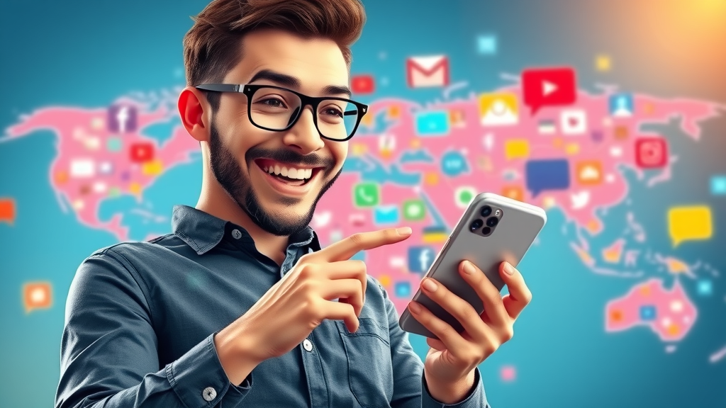Upbeat entrepreneur engaging with social media, digital world map with social icons - brand awareness online marketing benefits