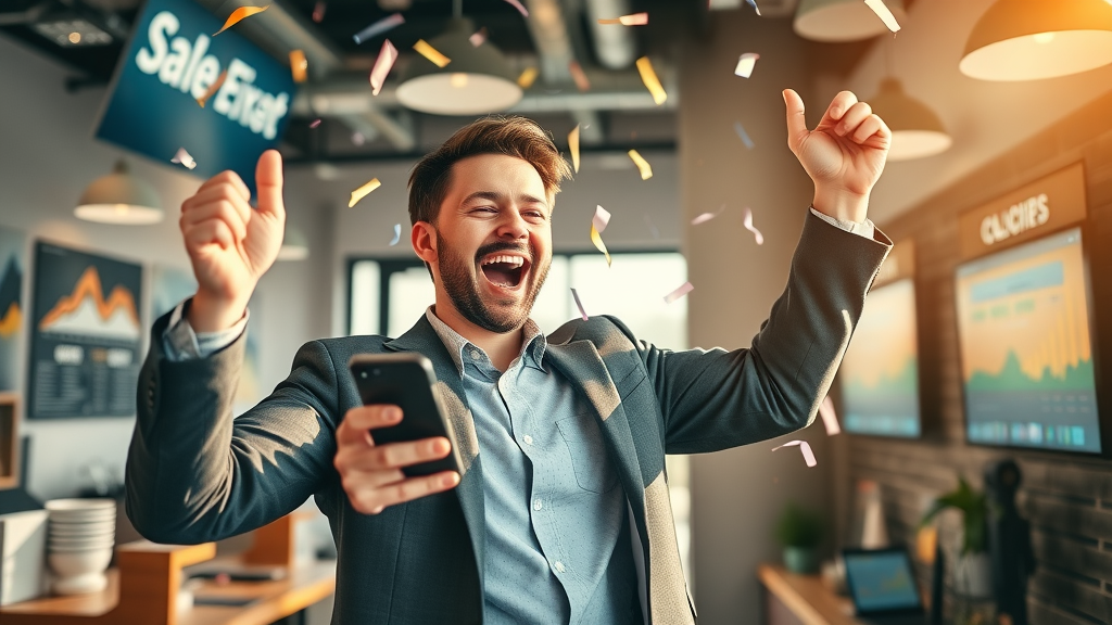 business owner: Excited Northridge business owner celebrating sales growth after integrated digital and social marketing