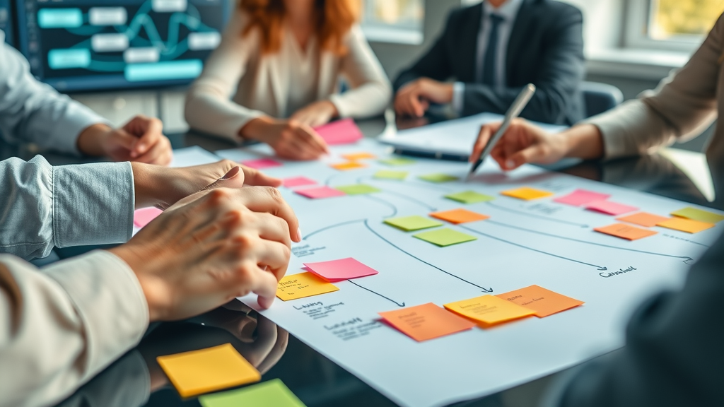 Strategic planning session for customer engagement strategy, sticky notes, flowcharts