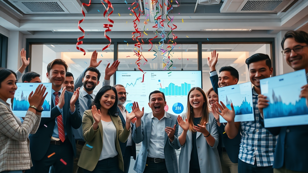 Business team celebrating online engagement success, data visualizations, loyal customers