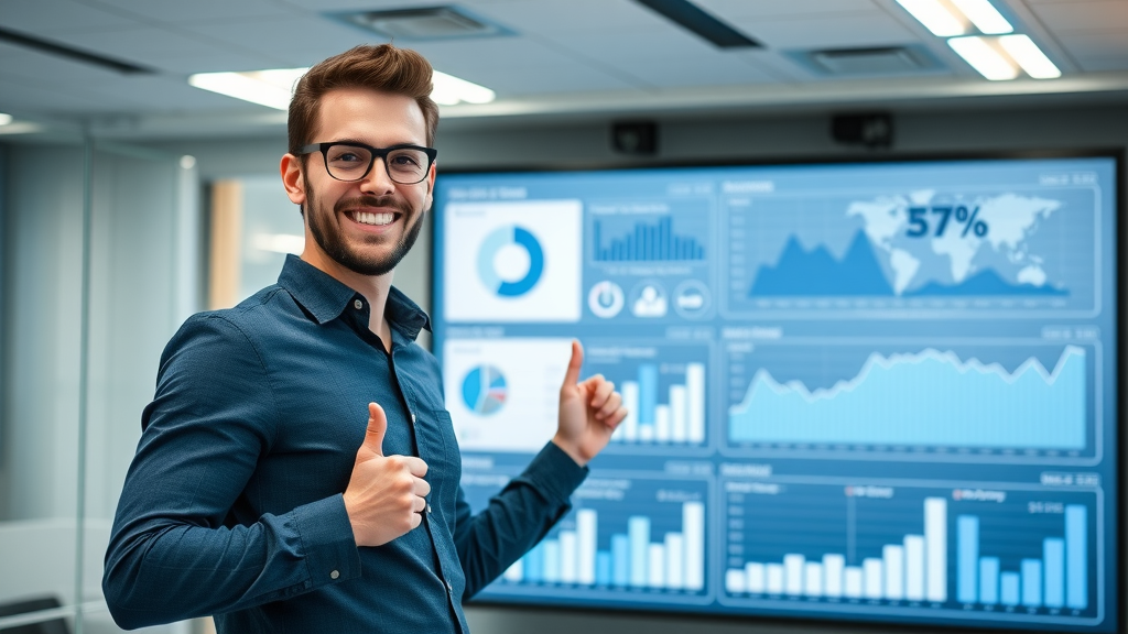 Marketer presenting detailed campaign analytics dashboard with conversion rate and KPIs