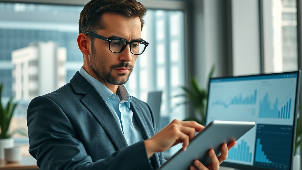 Business professional analyzing financial data, reviewing charts and statistics on a tablet in a modern office with city views, Granada Hills business scaling insights