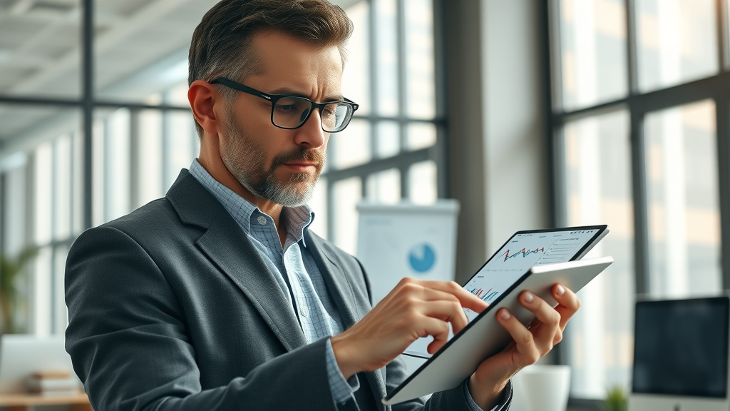 Small business owner analyzing digital graphs on a modern tablet in a contemporary office with natural light and business charts.