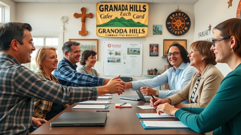 granada hills neighborhood organization collaborative meeting with small business leaders, neighborhood organization members, event planning, community center, Granada Hills memorabilia