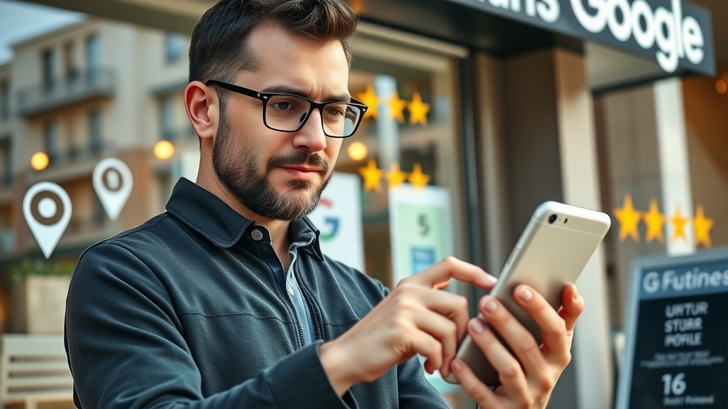 google business profile for small business - owner updating Google Business listing and adding new photos with a storefront background