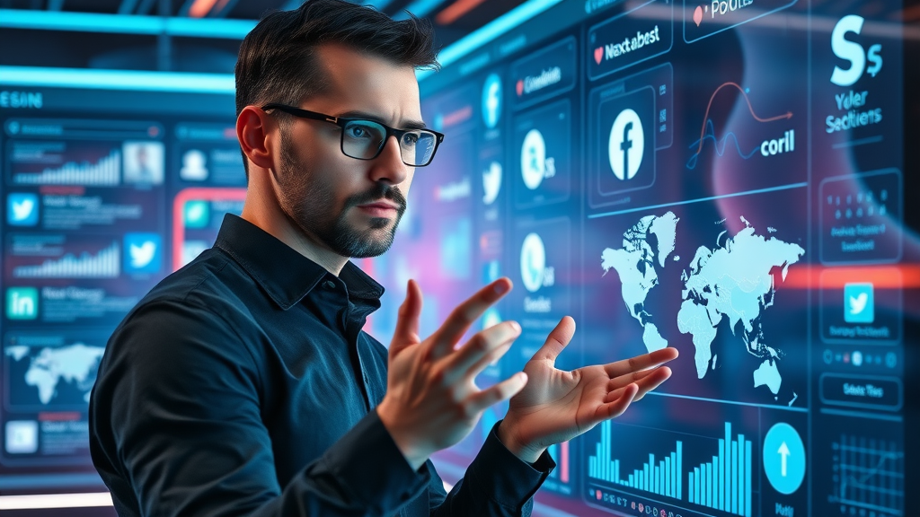 social media platforms for small business - entrepreneur comparing platforms and engagement data on a digital display hub