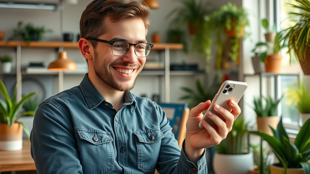 Entrepreneur posting on social media to drive SEO for small businesses in a coworking café