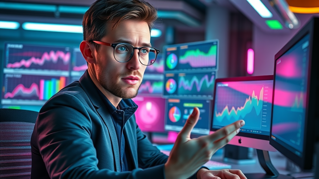 Tech-savvy marketer running A/B tests for email marketing campaigns in a futuristic neon-lit workspace