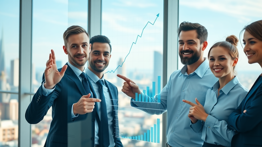 Modern business team analyzing digital data with email marketing advantages and upward-trending charts