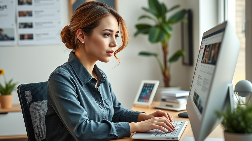online presence for small business - entrepreneur updating business digital profiles in a modern home office setting