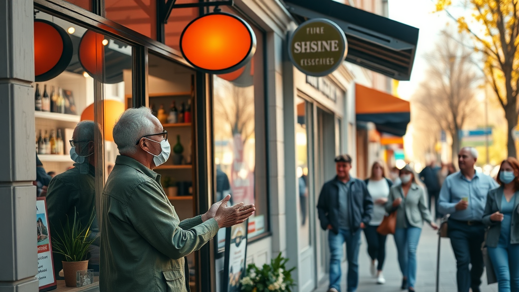 local business marketing - vibrant small business storefront with owner greeting customers on a bustling urban sidewalk