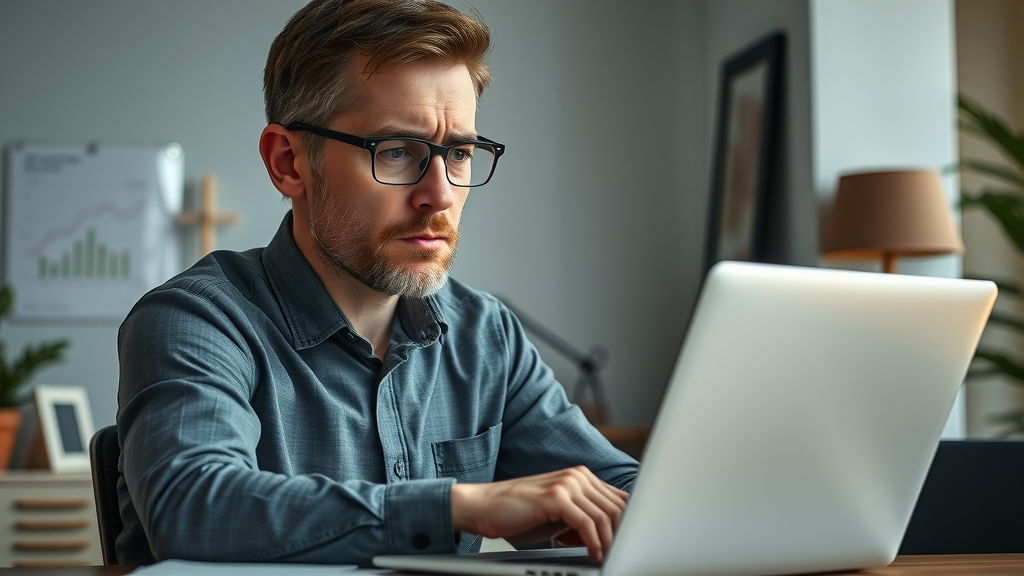 digital marketing for local business - concerned small business owner reviewing low sales and digital graphs in modern office