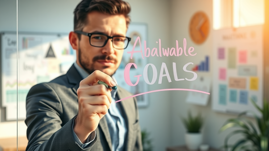 Scaling small business: business owner setting strategic goals and writing objectives on glass board in office