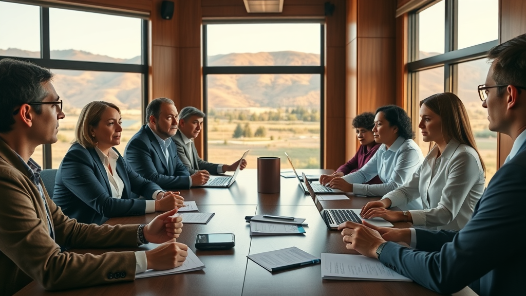 Diverse board of directors engaged in strategic discussion in a Granada Hills wood-paneled boardroom with city views and natural golden hour light