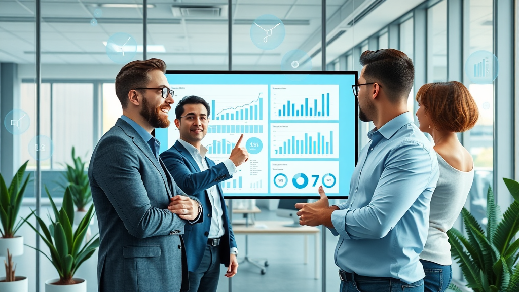 AI for small businesses - business owners discussing AI adoption statistics with digital charts and infographics in a modern office