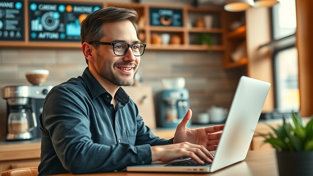 Small business owner using AI software for their café - engaged and optimistic, working on a laptop with digital interfaces glowing