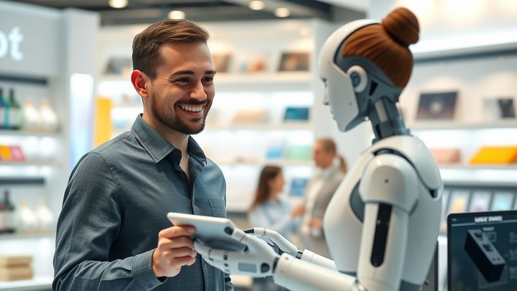 AI chatbot facilitating customer service in a modern retail shop—smiling customer interacting with a tablet