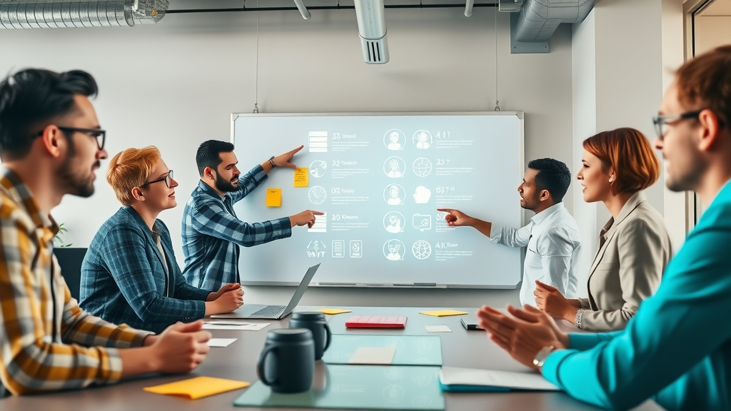 Team brainstorming AI marketing strategies in a vibrant, modern workspace