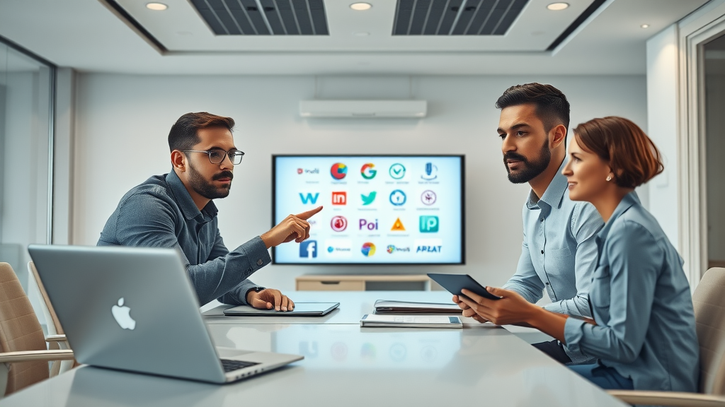 Small business team evaluating AI software options on digital screens; clear, thoughtful engagement