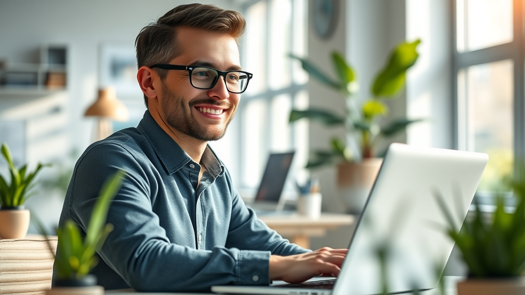Modern small business workspace with business owner and digital AI data graphics, demonstrating benefits of artificial intelligence