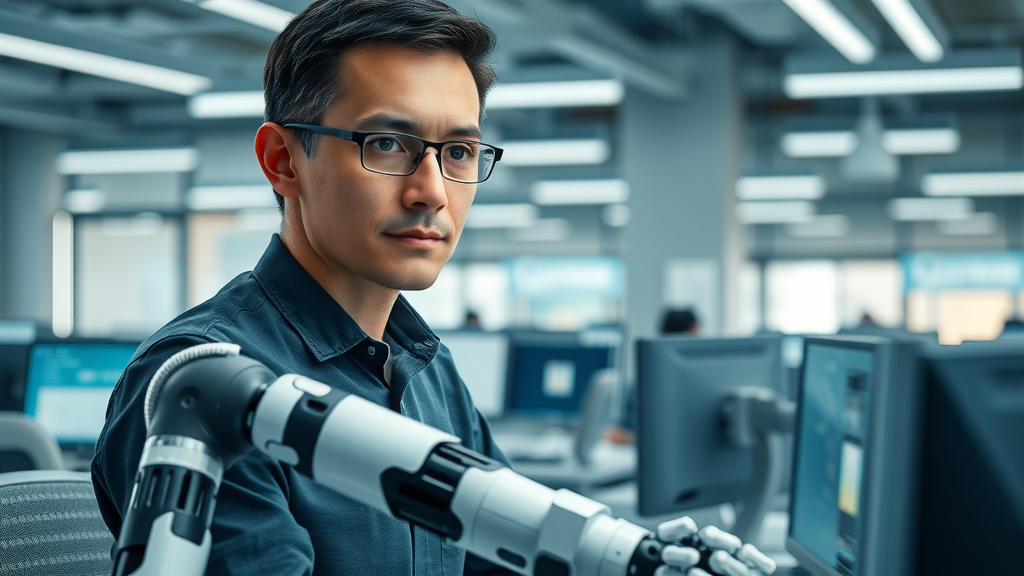 Employee overseeing AI robotic arm managing repetitive tasks, showcasing reduction of human error with artificial intelligence