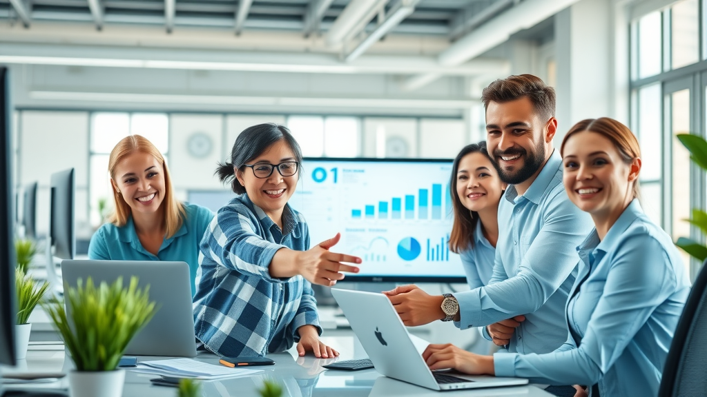Small business automation team collaborating using automation dashboards, small business automation