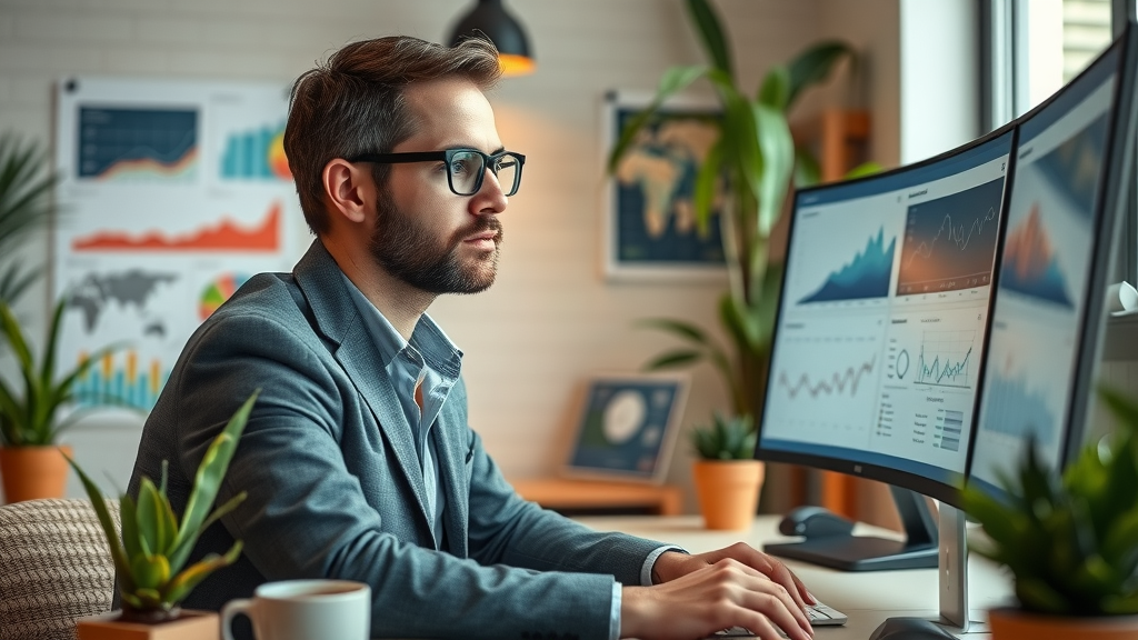 Small business owner reviewing automation and workflow analytics on computer, business automation dashboard