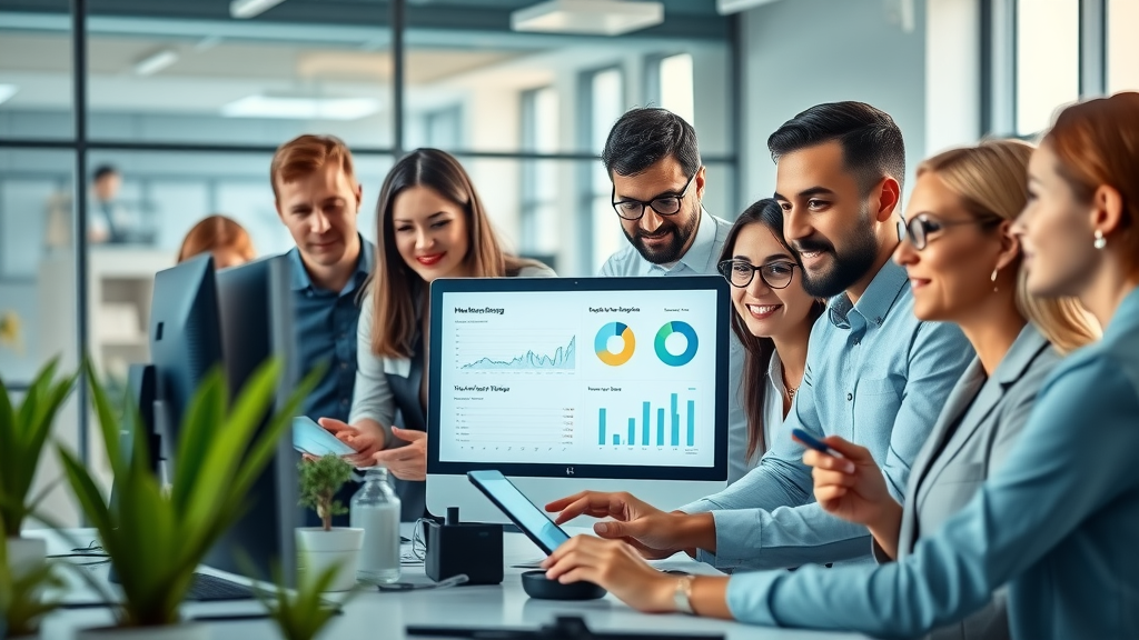Modern small business team collaborating on ai-driven marketing strategies in a bright office, analytics on screens, cool blue palette