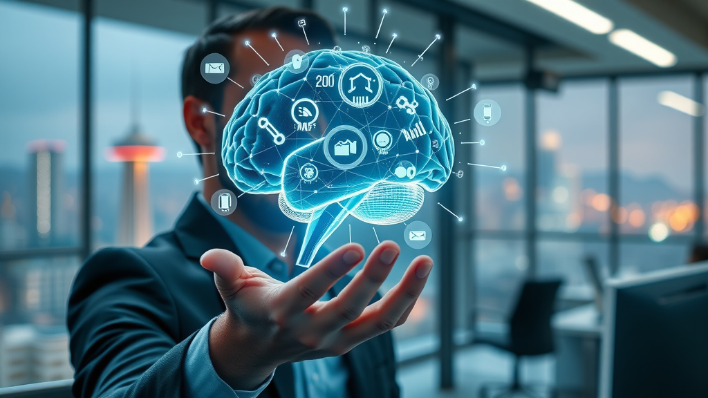 AI brain interface overlay on digital marketing icons illustrating ai-driven marketing innovation and holographic projections