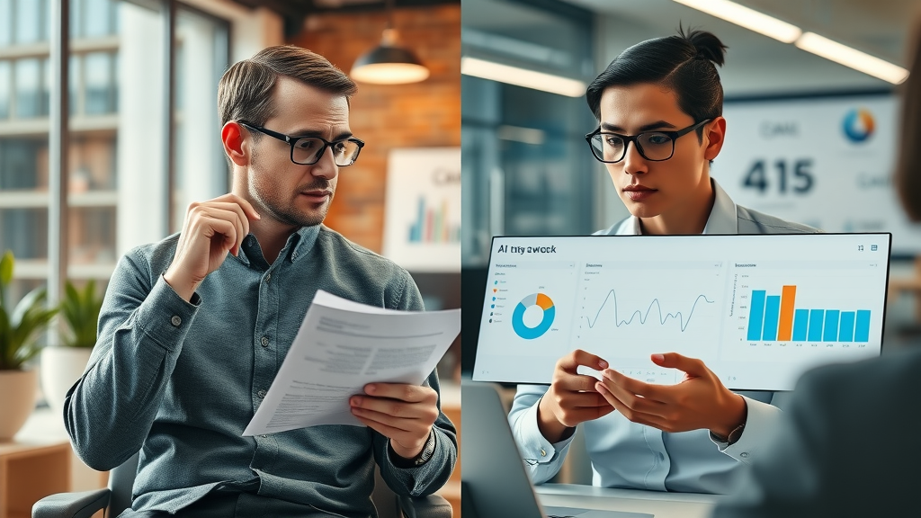Split scene showing traditional marketing with charts versus ai-powered dashboards in a modern setting, comparing ai-driven marketing strategies