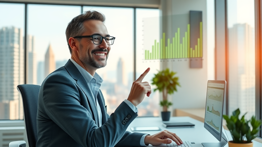 Business owner viewing AI dashboard with analytics rising, representing growth and efficiency from ai-driven marketing strategies