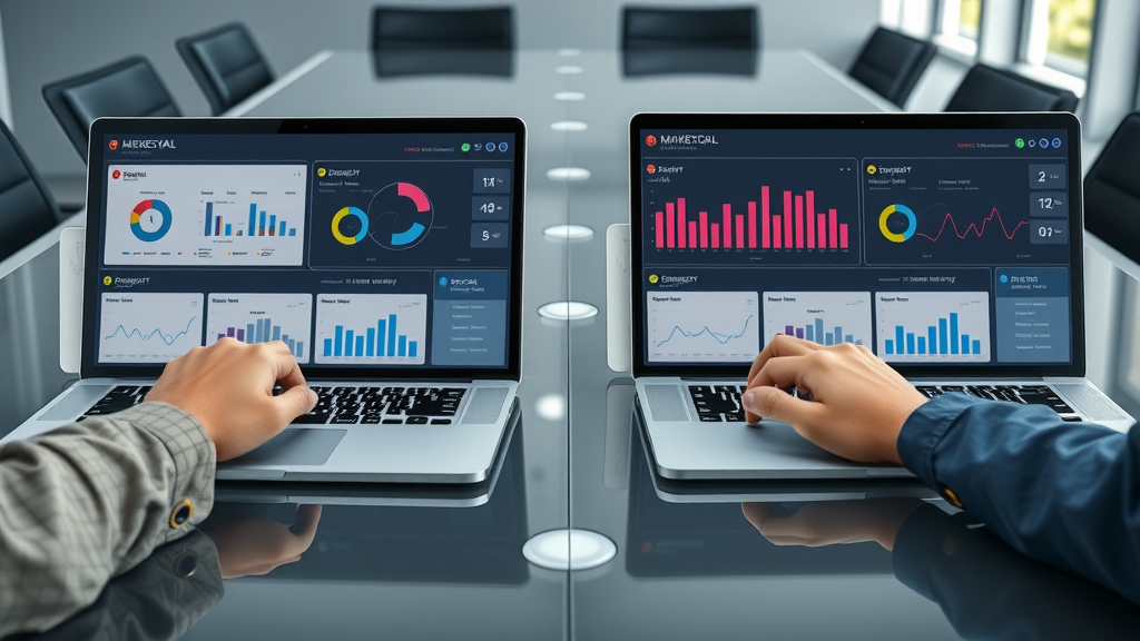 Side-by-side dashboards comparing ai marketing tools for small businesses on laptops